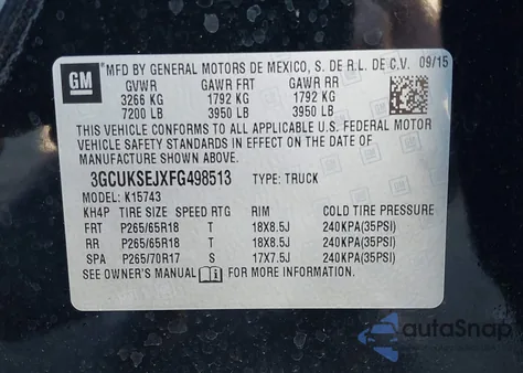 2015 Chevrolet Silverado 1500 2Lz z USA, uszkodzony, nr VIN 3GCUKSEJXFG498513